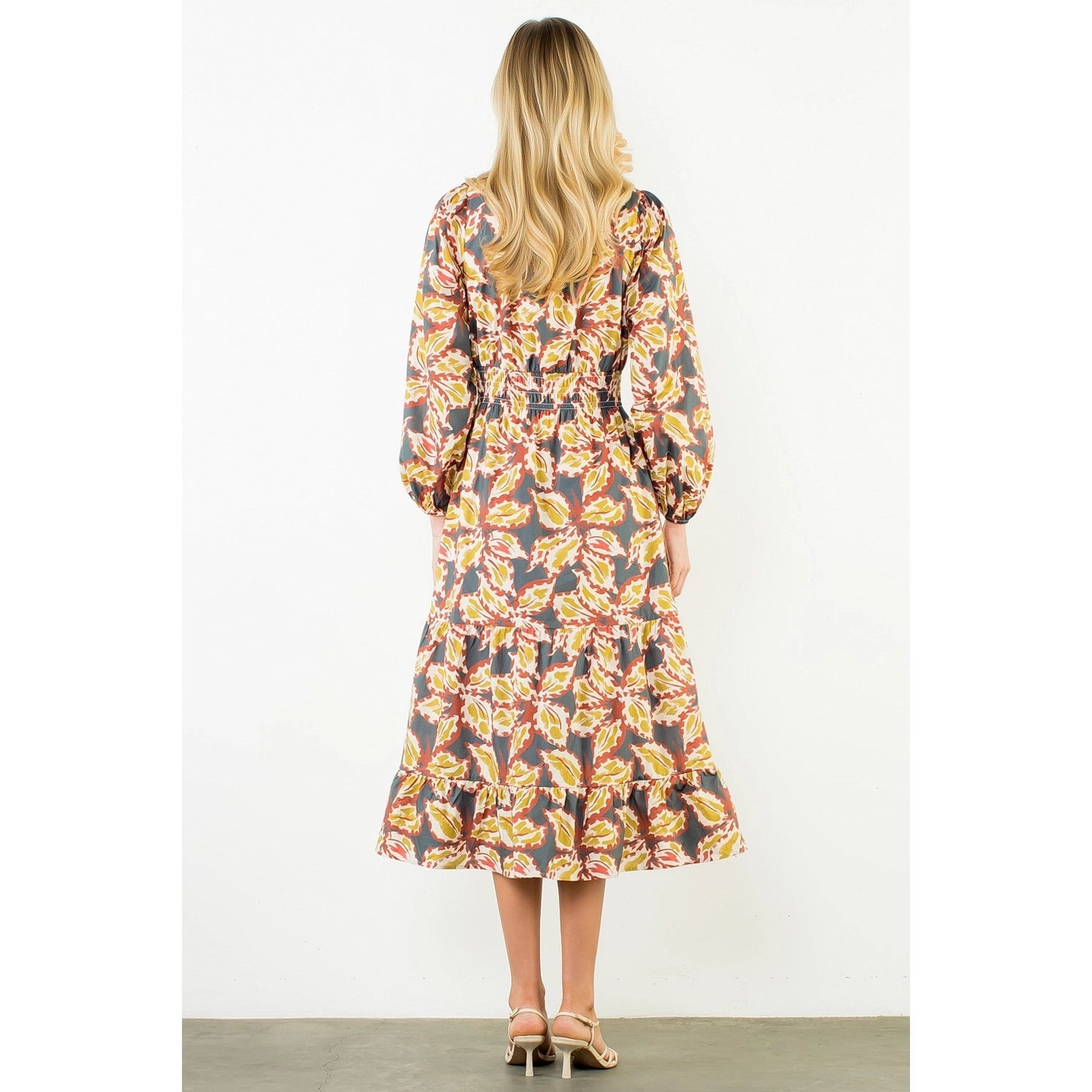 Leaf Print Cinched Waist Maxi Dress THML
