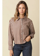 Leah Stripe Button-Up Shirt Olivaceous