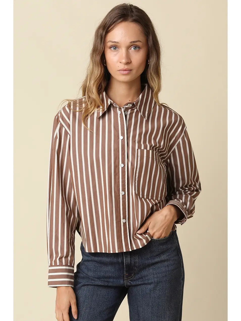 Leah Stripe Button-Up Shirt Olivaceous