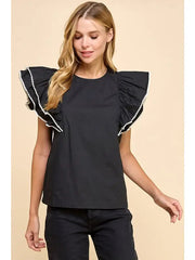 Contrast Trim Ruffle Sleeve Top TCEC