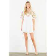 Puff Sleeve Embroidery Detail V-Neck Dress THML