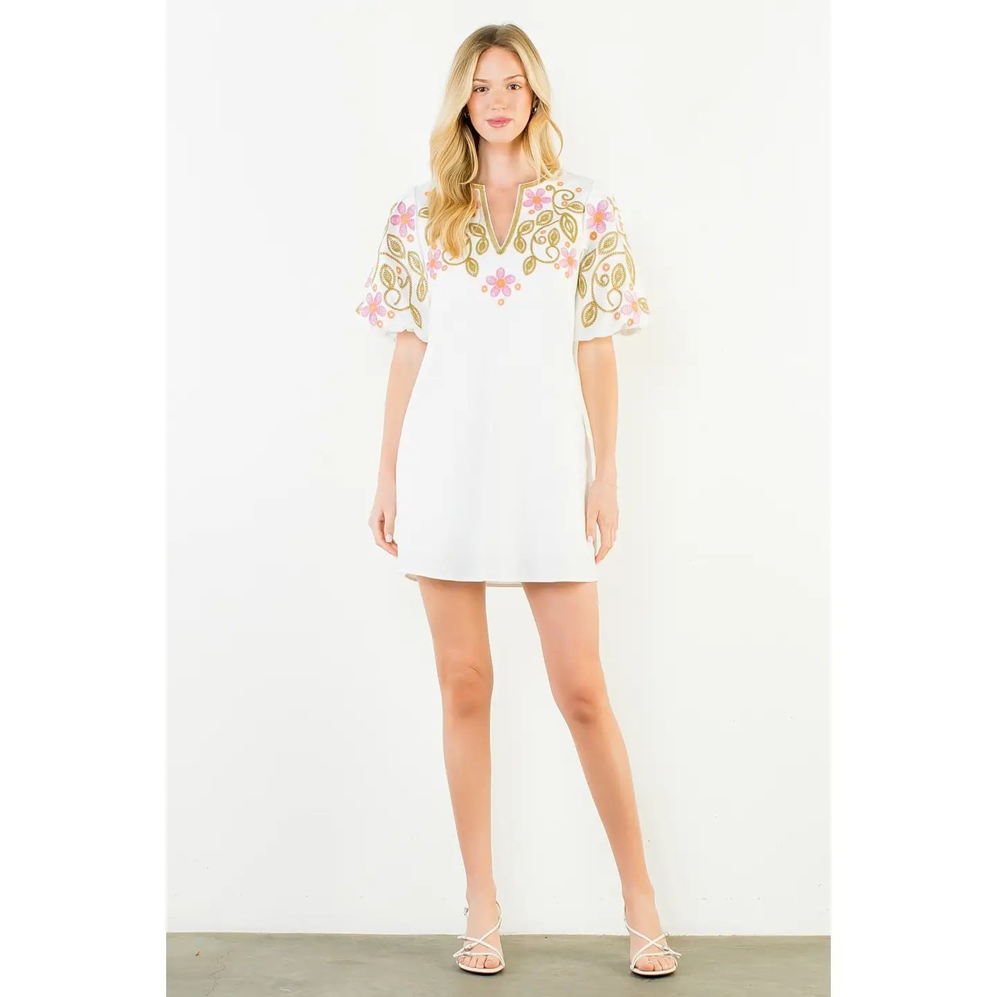 Puff Sleeve Embroidery Detail V-Neck Dress THML