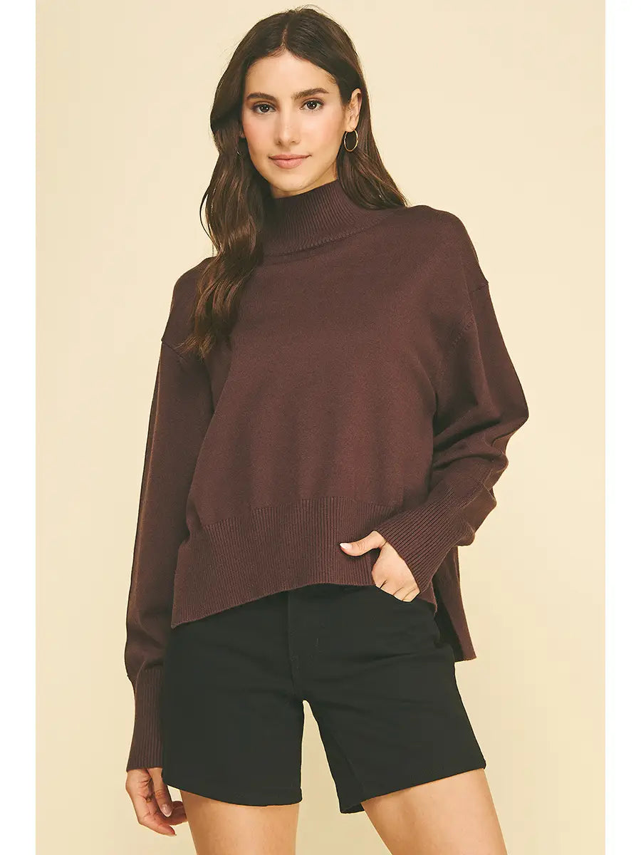 Turtle Neck Hi-Lo Sweater with Slit Back Pinch