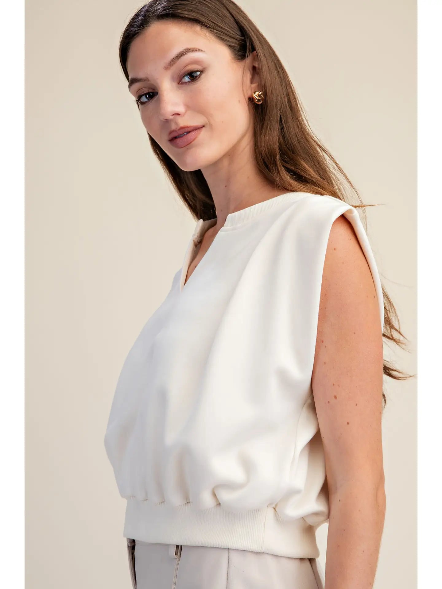 Knit Top with V-Neck Strong-Shoulder Glam