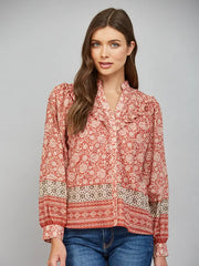 Border Print Ruffled Button Front Blouse Fate