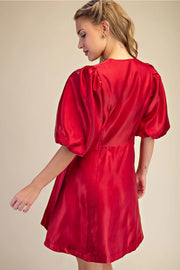 Collar Neck Puff Sleeve Waist Detail Shiny Mini Dress Glam