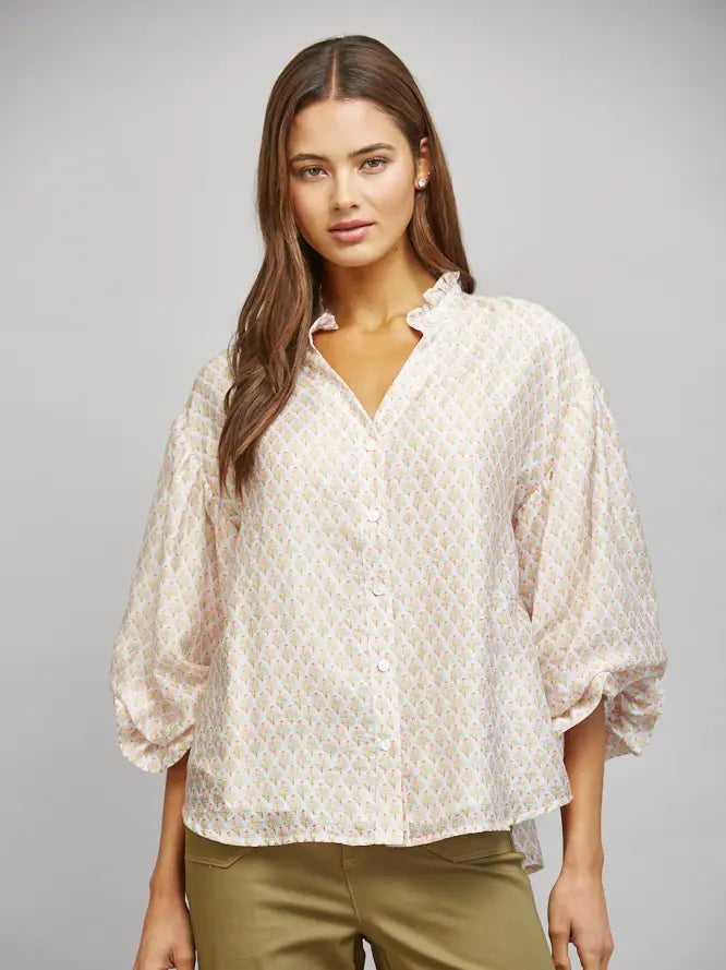 Floral Block Print Tencel Blend Ruffle Blouse Fate