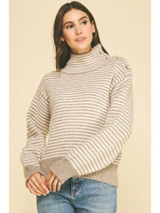 Striped Button Detailed Mock Neck Sweater Pinch