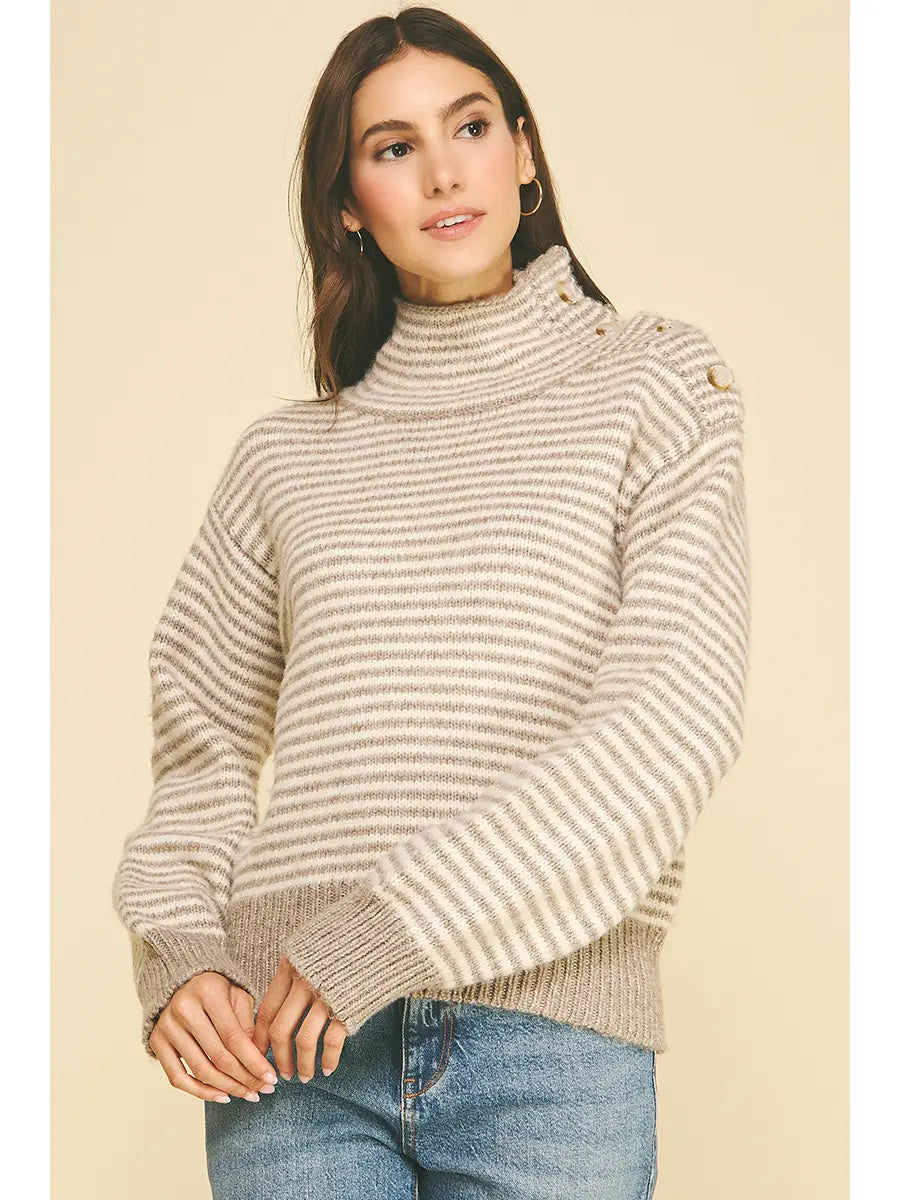 Striped Button Detailed Mock Neck Sweater Pinch