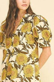 Golden Sunflower Puff Sleeve Midi Dress Pinch