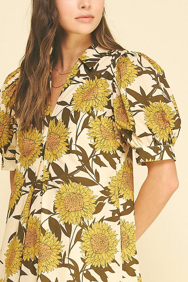 Golden Sunflower Puff Sleeve Midi Dress Pinch