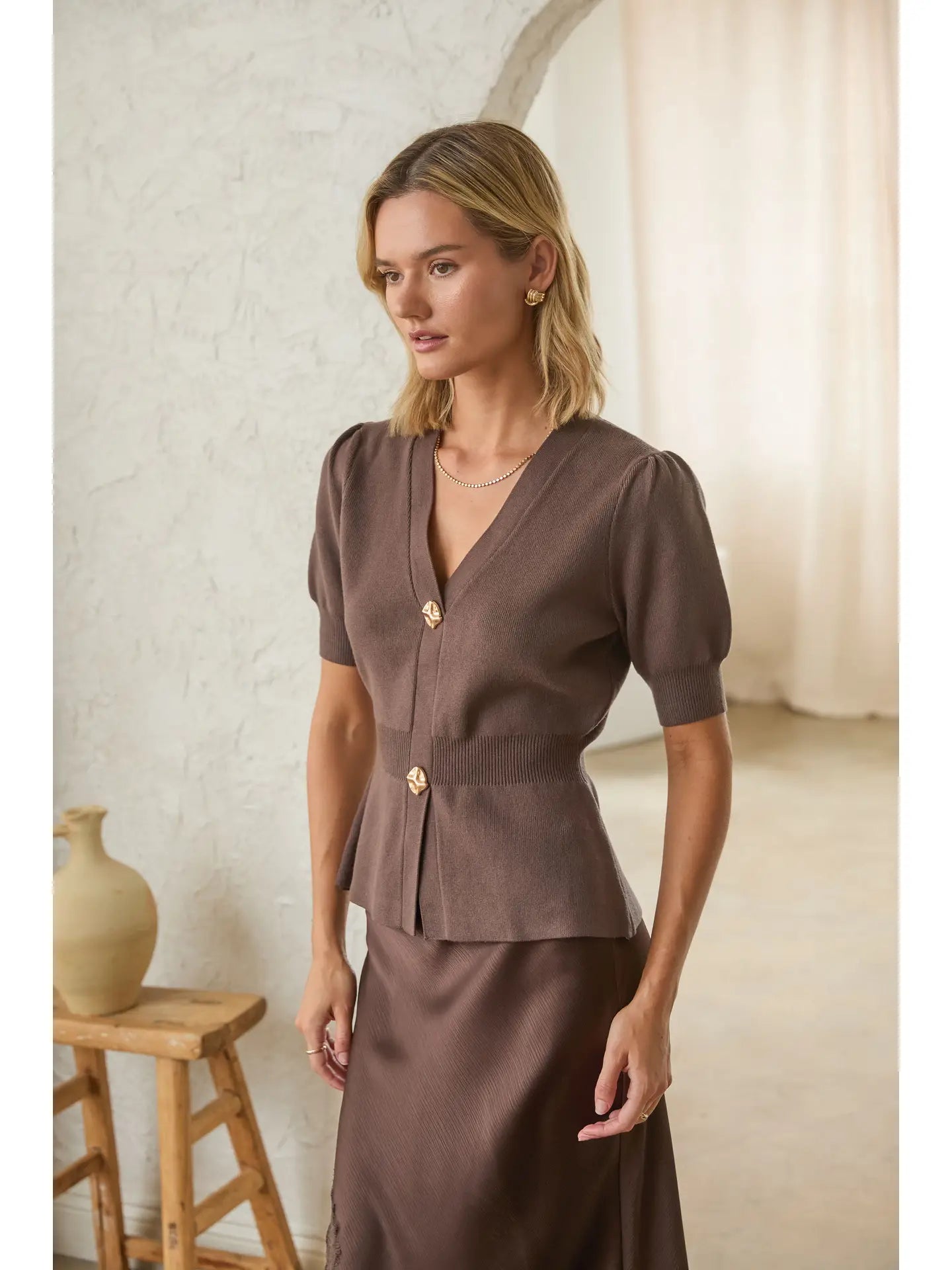 Ribbed Short Sleeve Cardigan with Gold Buttons Skies are Blue