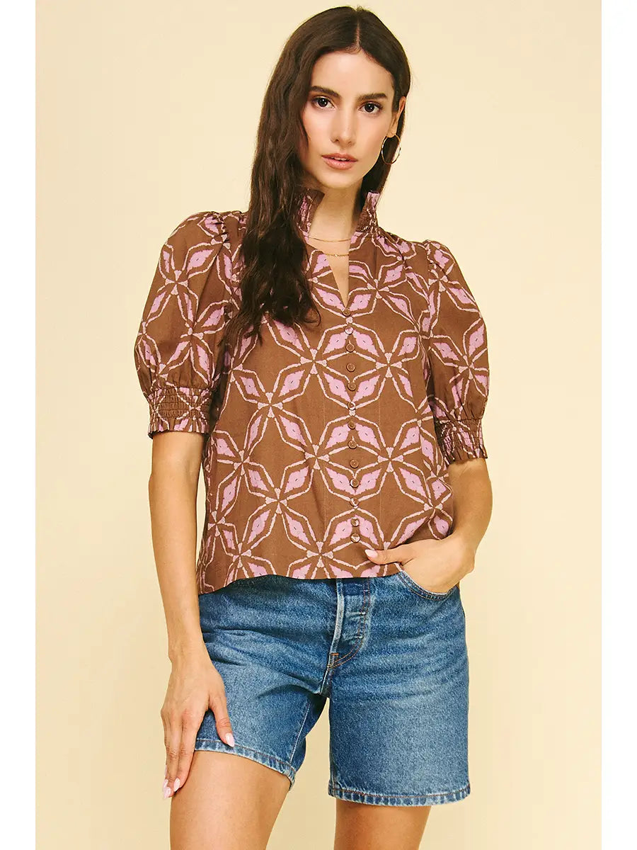 Print Button Detailed Blouse Top Pinch