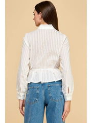 Ruffled Mock Neckline Front Button Down Blouse TCEC