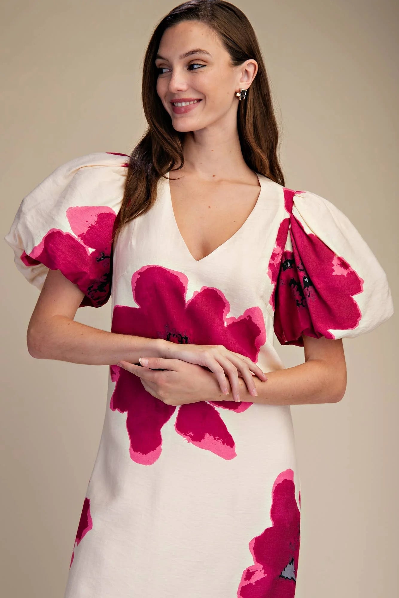 Floral Puff-Sleeve A-Line Maxi Dress Glam