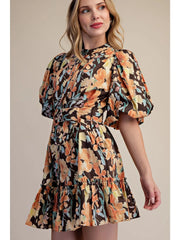 Floral Mini Dress Puff-Sleeve Button-Front with Belt Glam