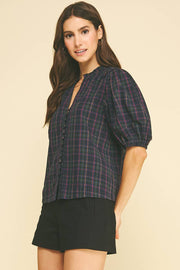 Plaid Puff Sleeve Blouse Pinch
