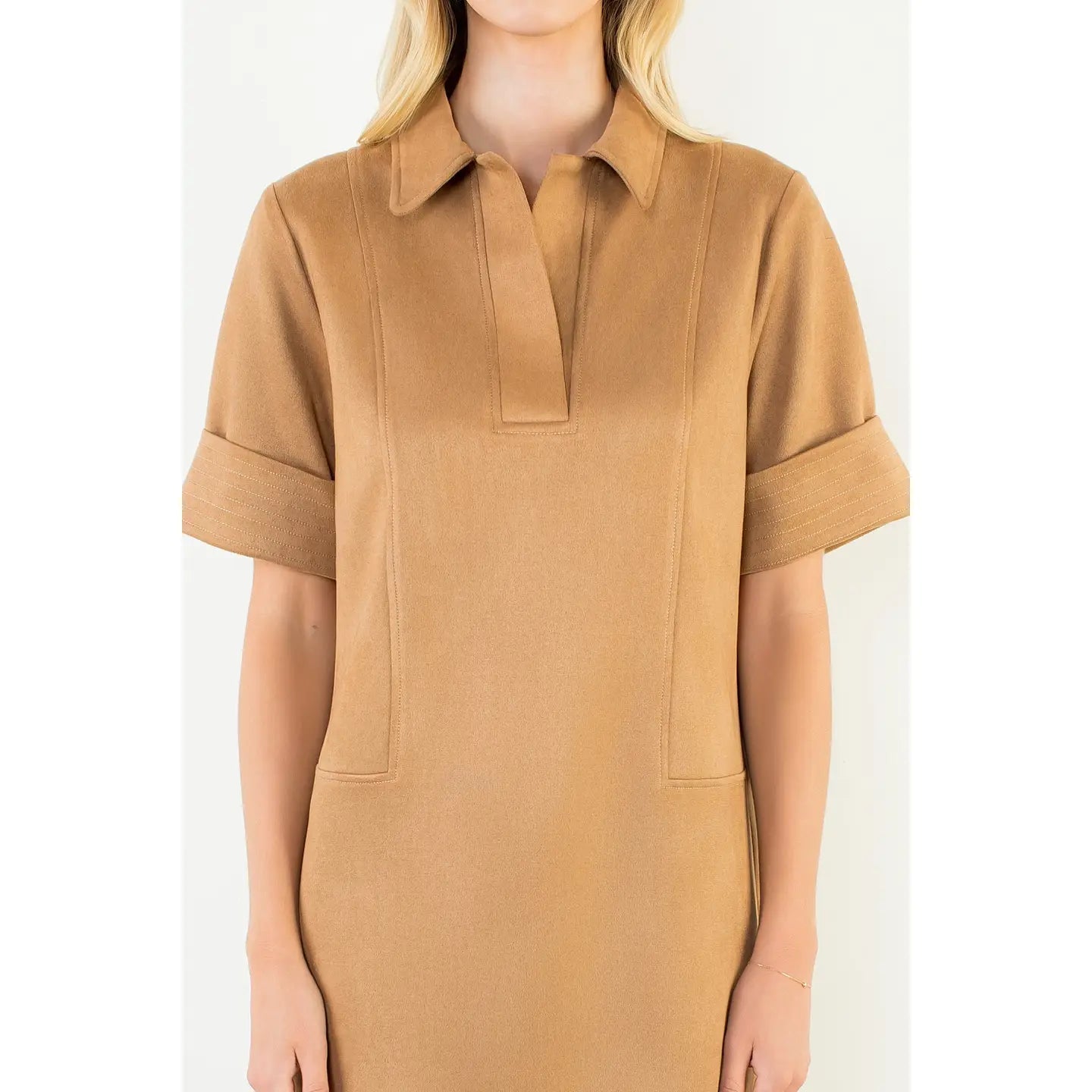 Collared Short Suede Solid Dress THML