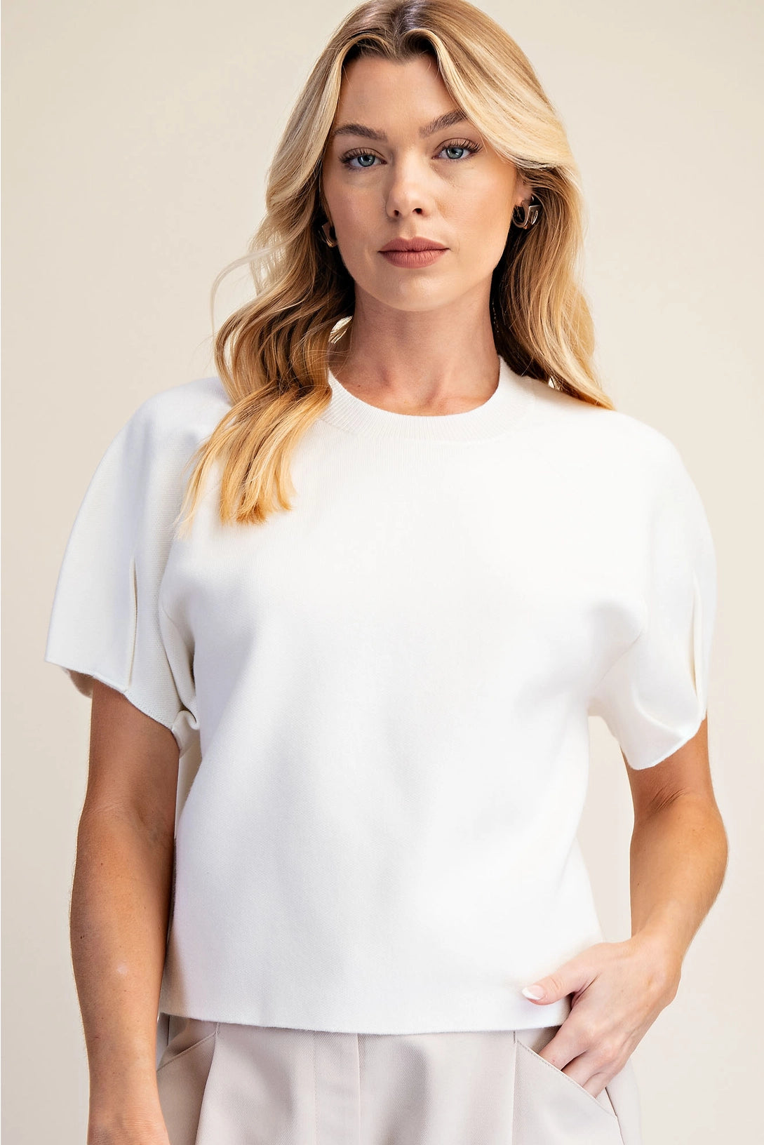 Round Neck Puff Short Sleeve Sweater Top Glam