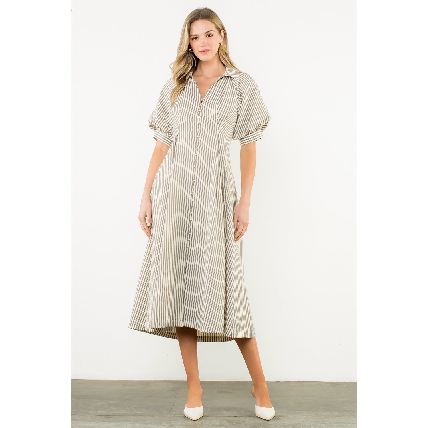PUFF SLEEVE STRIPED TEXTURE MAXI  DRESS THML