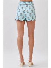 Floral Print Scallop Hem Detail Shorts TCEC
