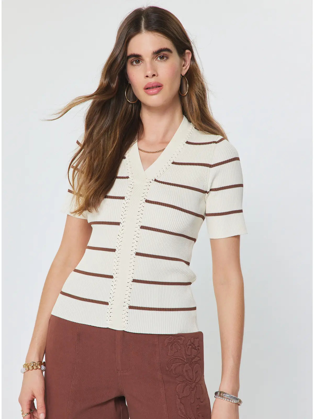 Braided V-Neck Ribbed Knit Sweater Top Current Air
