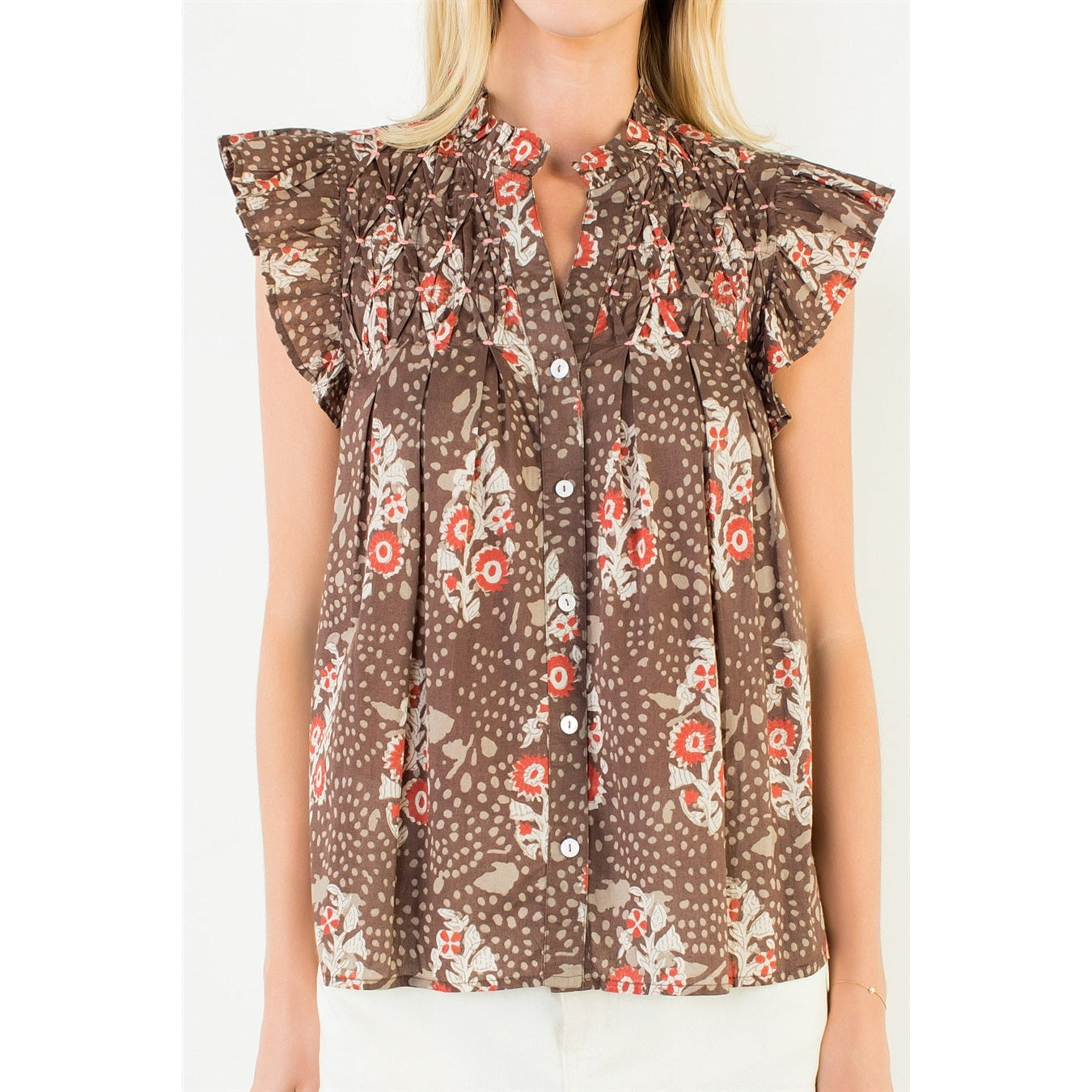 Flutter Sleeve Floral Smocking Top THML
