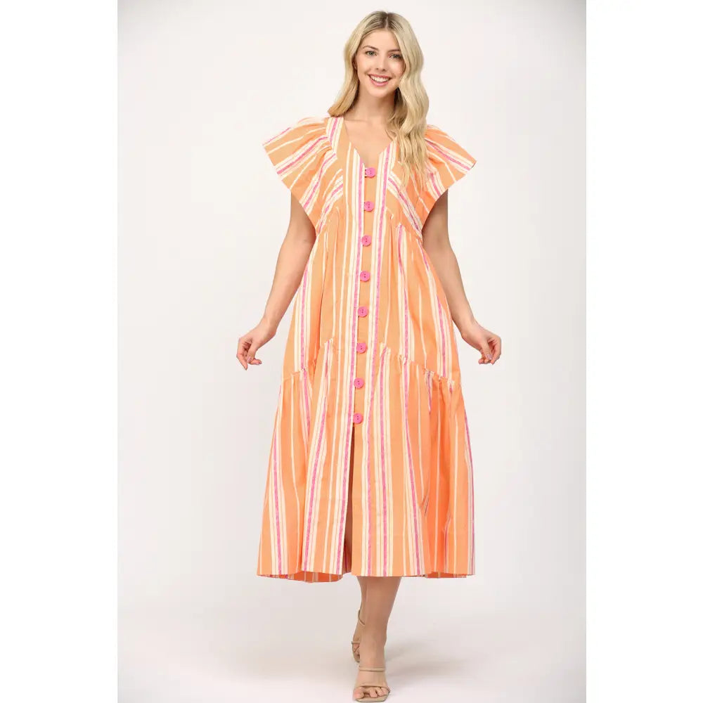 Stripe V-Neck Maxi Dress with Large Swirl Button