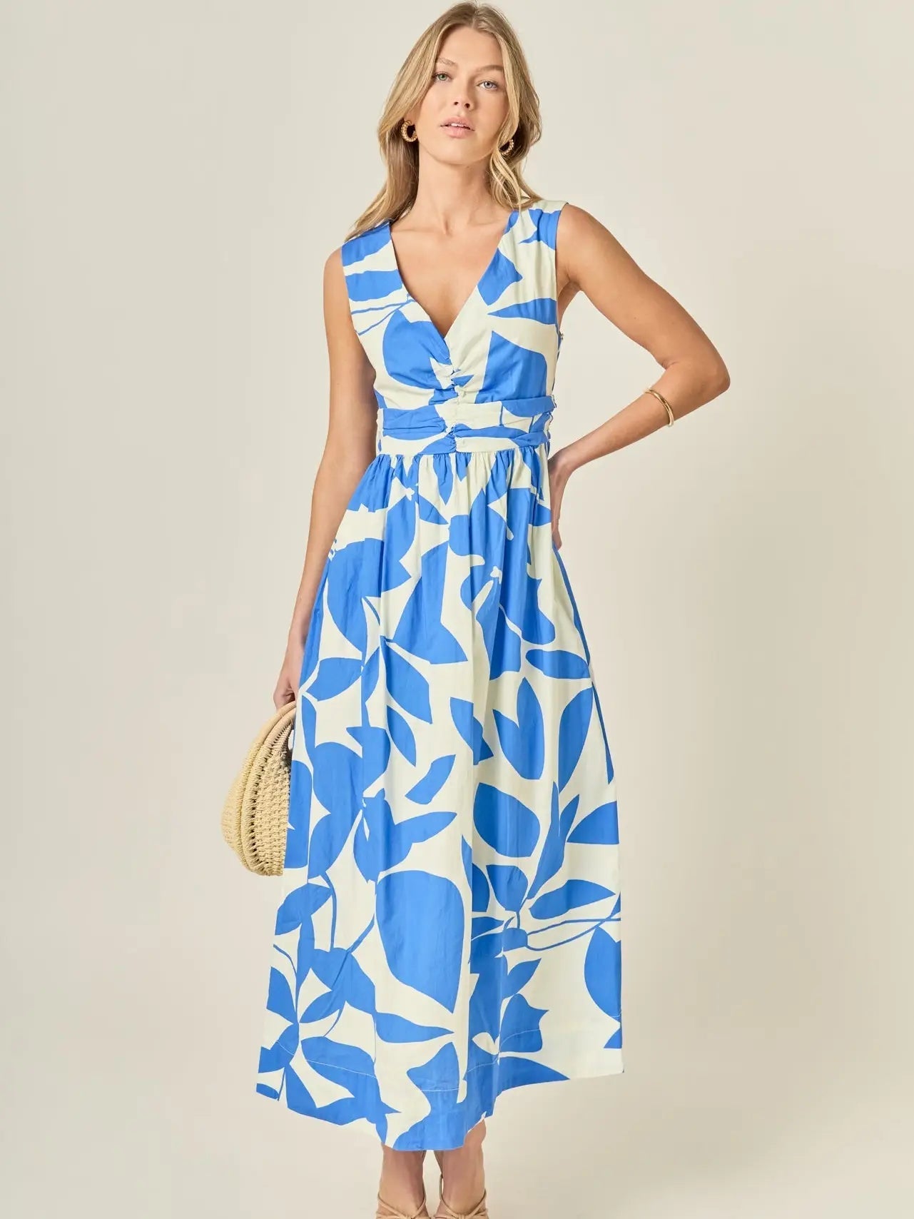 Puff Sleeve Print Ruched Midi Dress English Factory