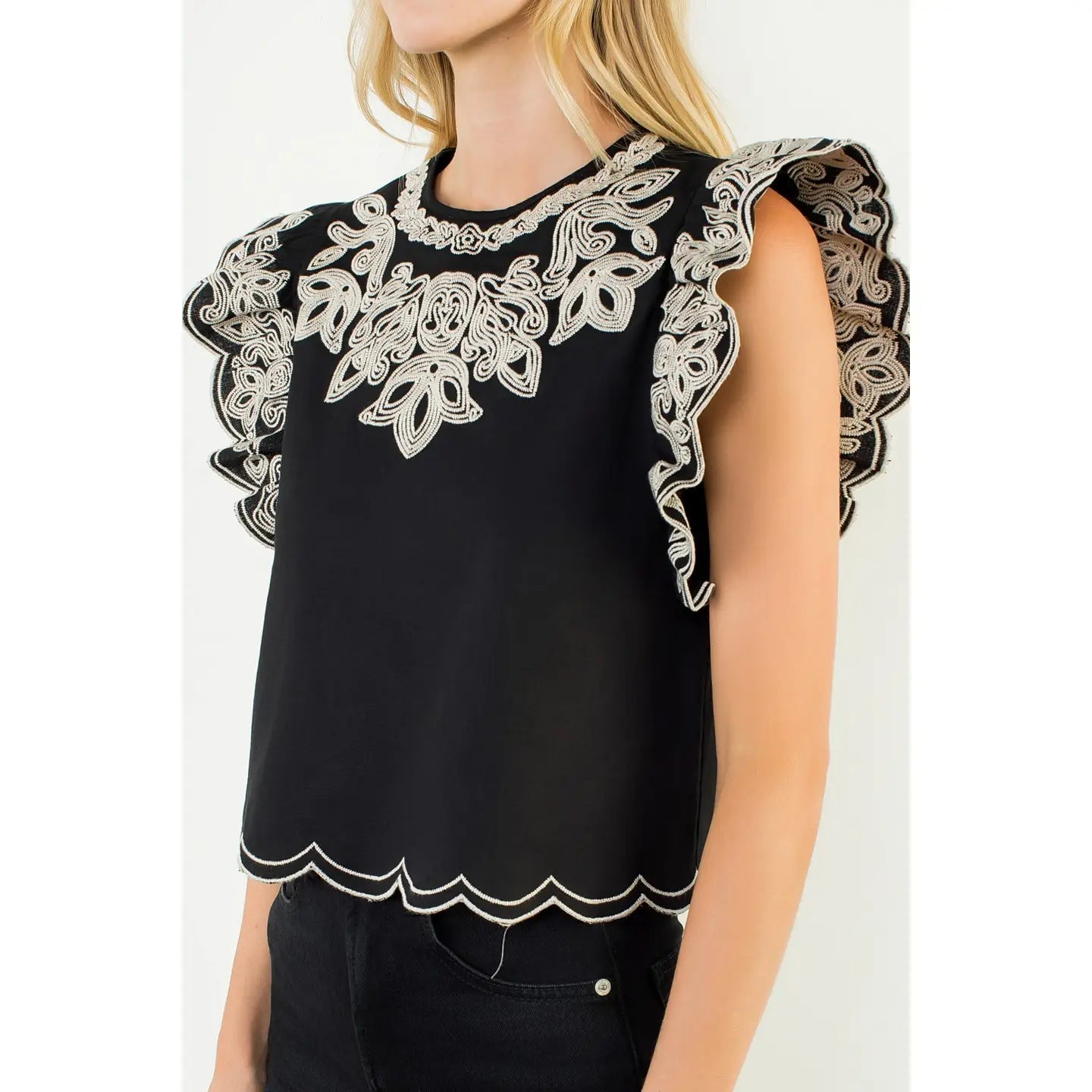 Flutter Sleeve Cropped Embroidery Top THML