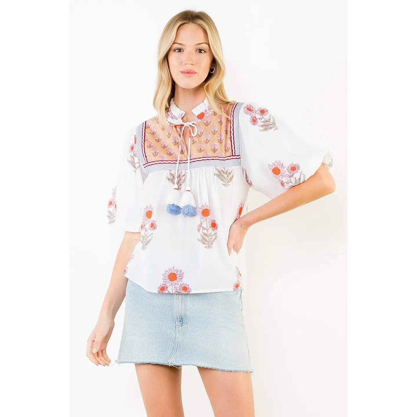 Puff Sleeve Floral Pattern Tassel Top THML