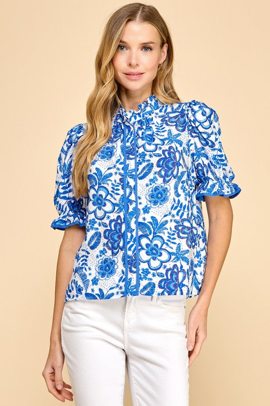 Floral Print Mock Neck Button Down Top