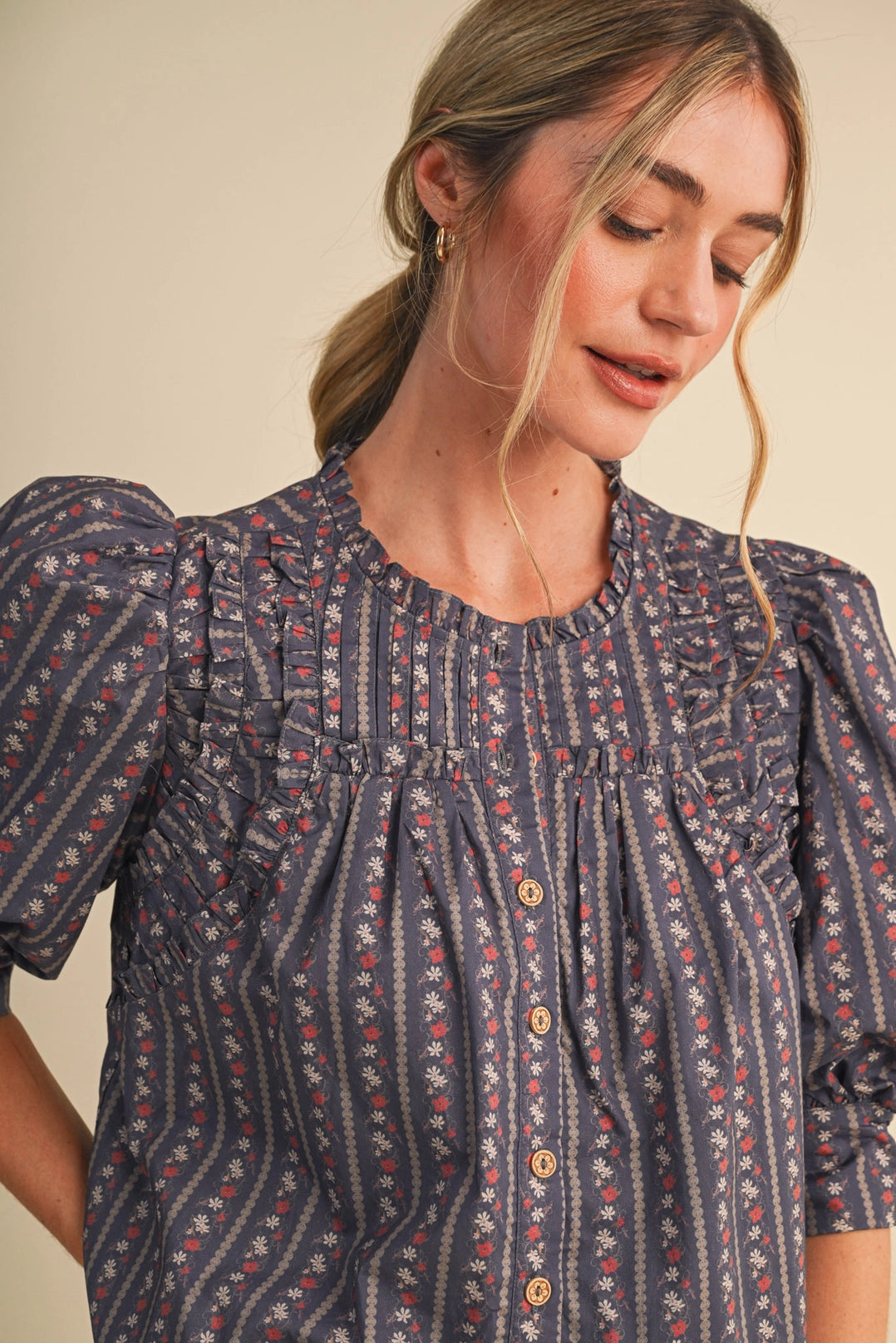 Floral Striped Short Sleeve Button Up Top Merci