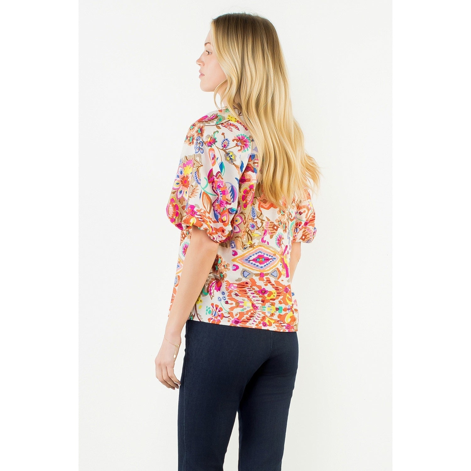 Puff Sleeve Pattern Detail Textured Top THML