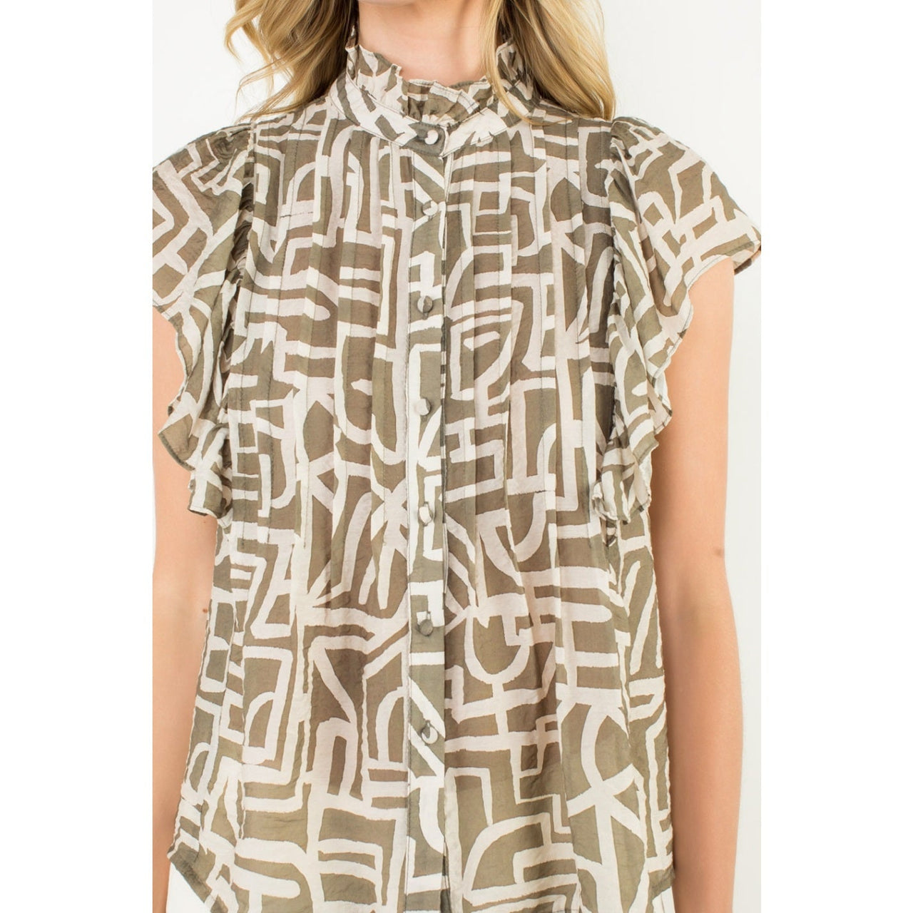 Flutter Sleeve Print Button Up Top THML