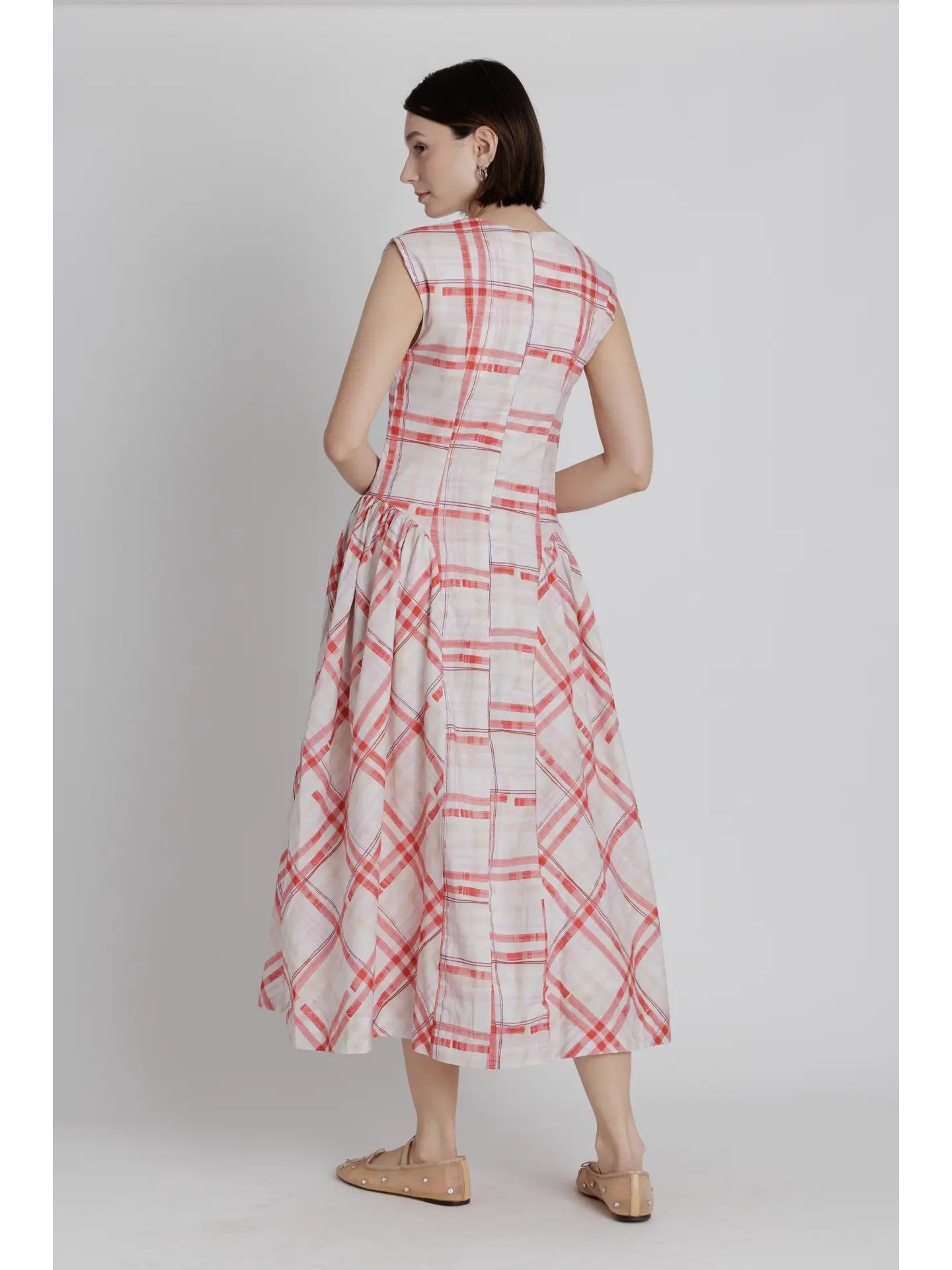 Basque Waist Plaid Midi Dress Aureum