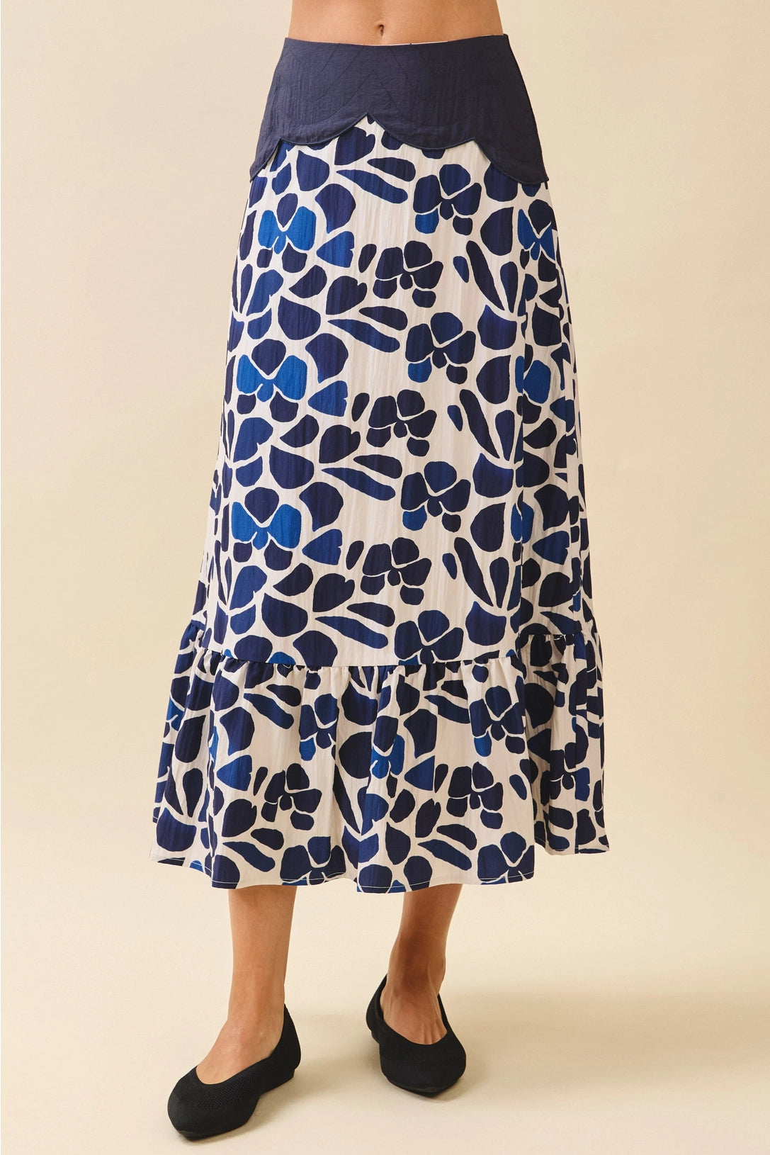 Floral Print Wide Contrast Waistband Midi Skirt TCEC