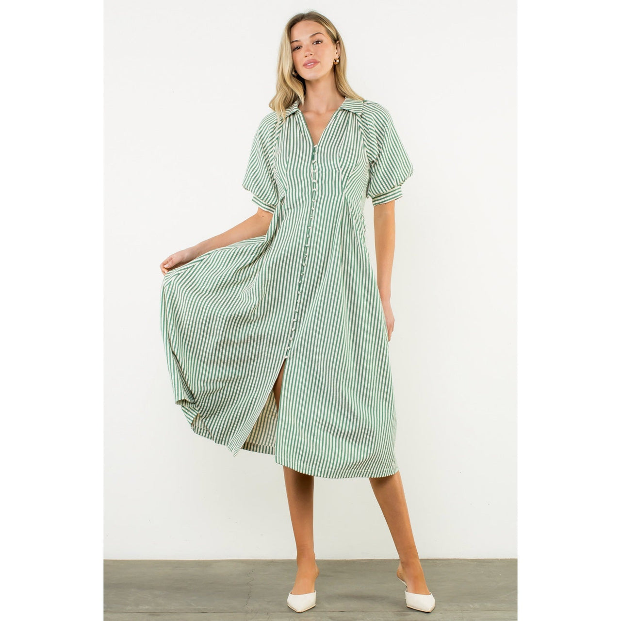 PUFF SLEEVE STRIPED TEXTURE MAXI  DRESS THML