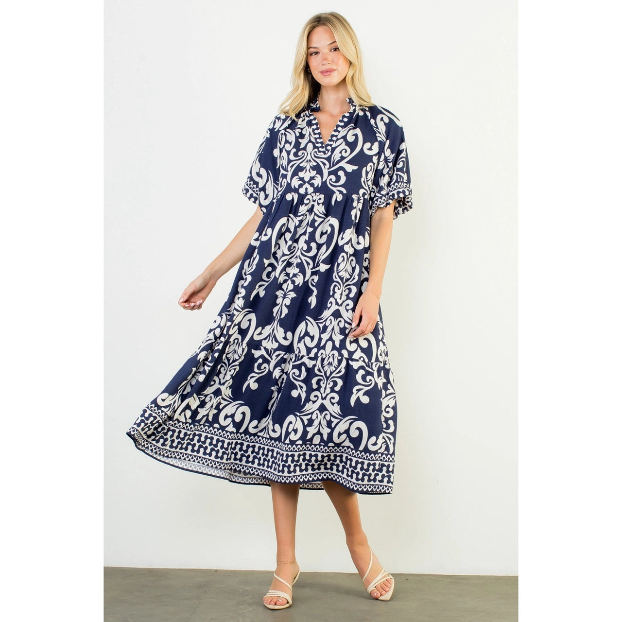 Puff Sleeve Print Midi Dress THML