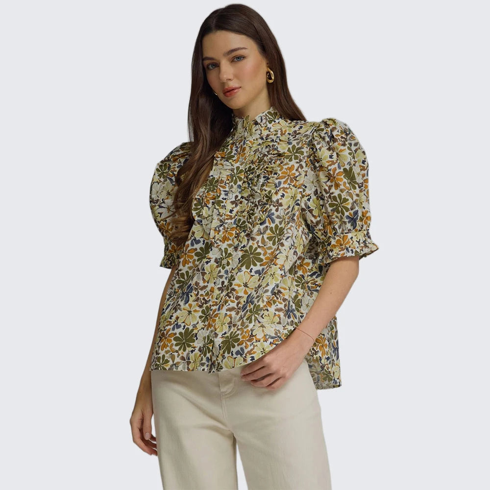Floral Puff Sleeve Ruffled Top Entro