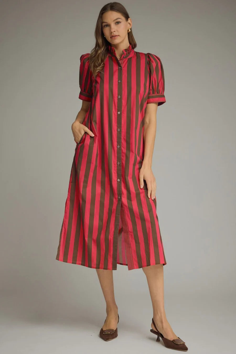 Striped Short Puff Sleeve Midi Dress Entro