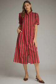 Striped Short Puff Sleeve Midi Dress Entro