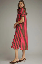 Striped Short Puff Sleeve Midi Dress Entro