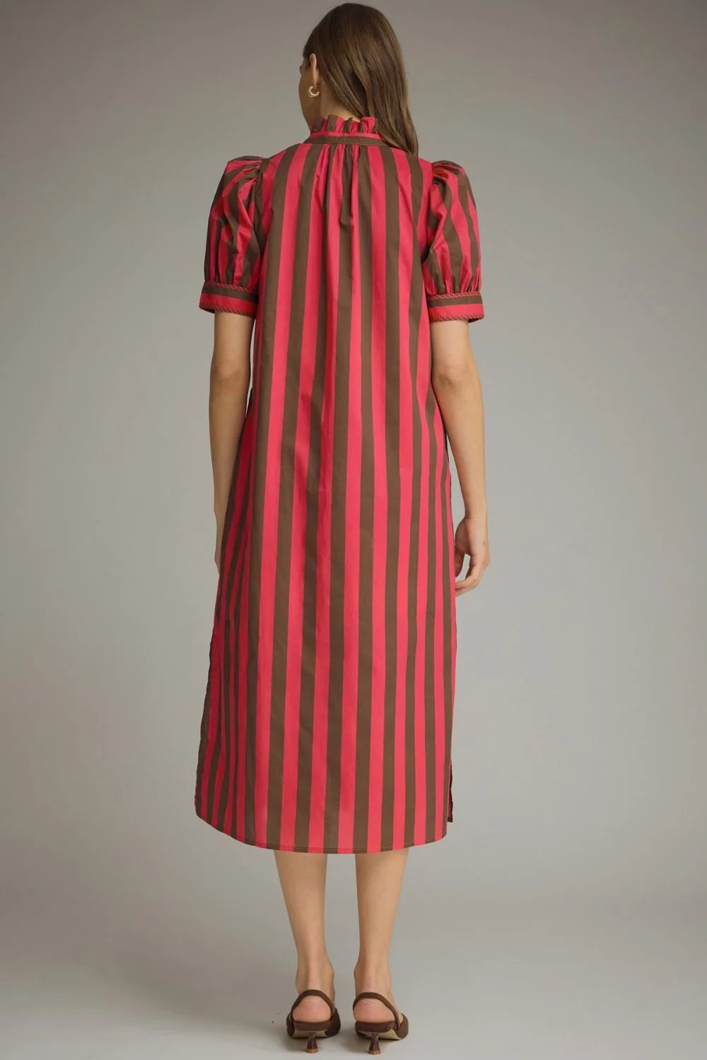 Striped Short Puff Sleeve Midi Dress Entro