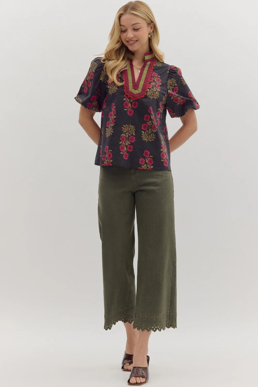 Floral Print Bubble Sleeve Top Entro