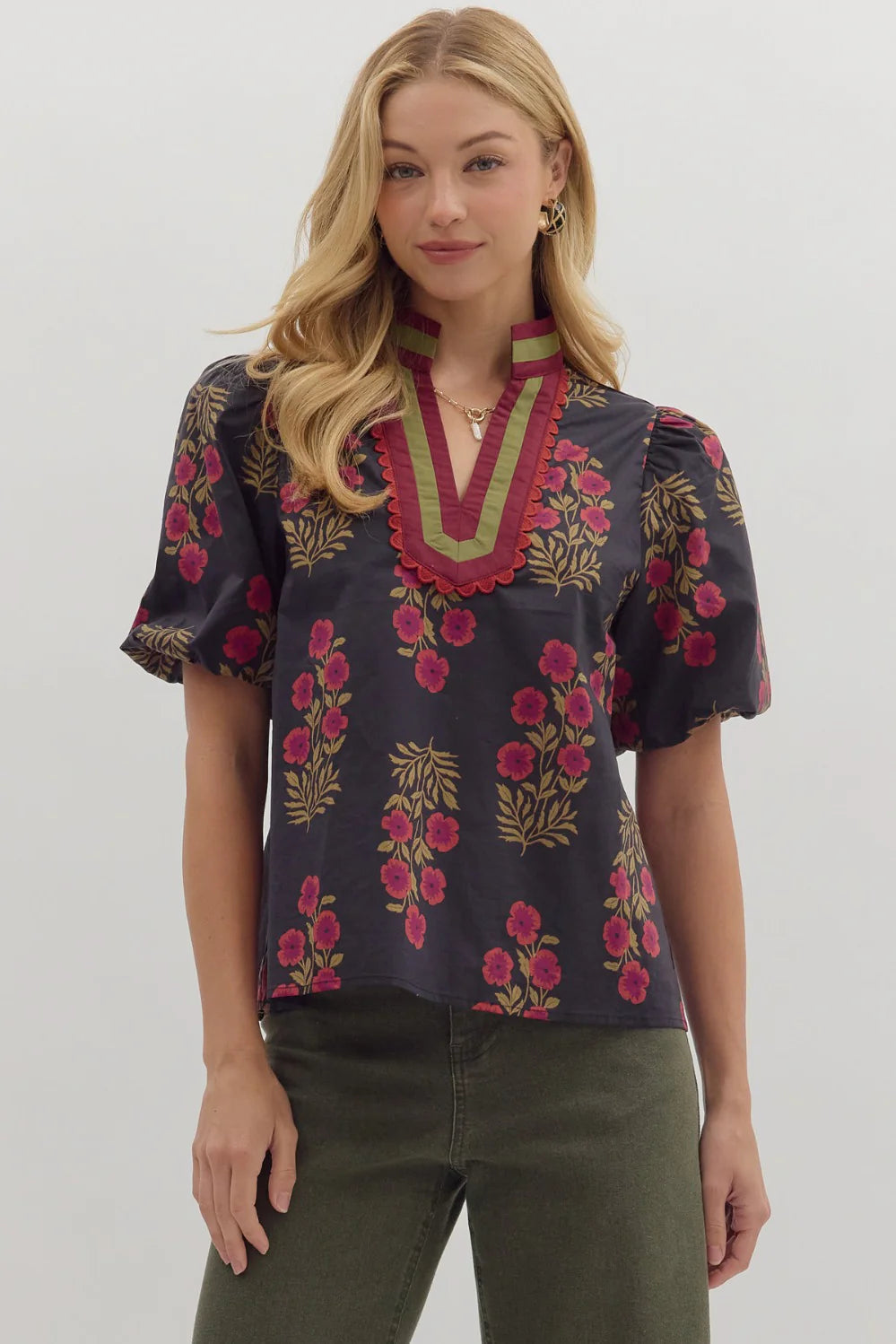 Floral Print Bubble Sleeve Top Entro