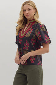 Floral Print Bubble Sleeve Top Entro