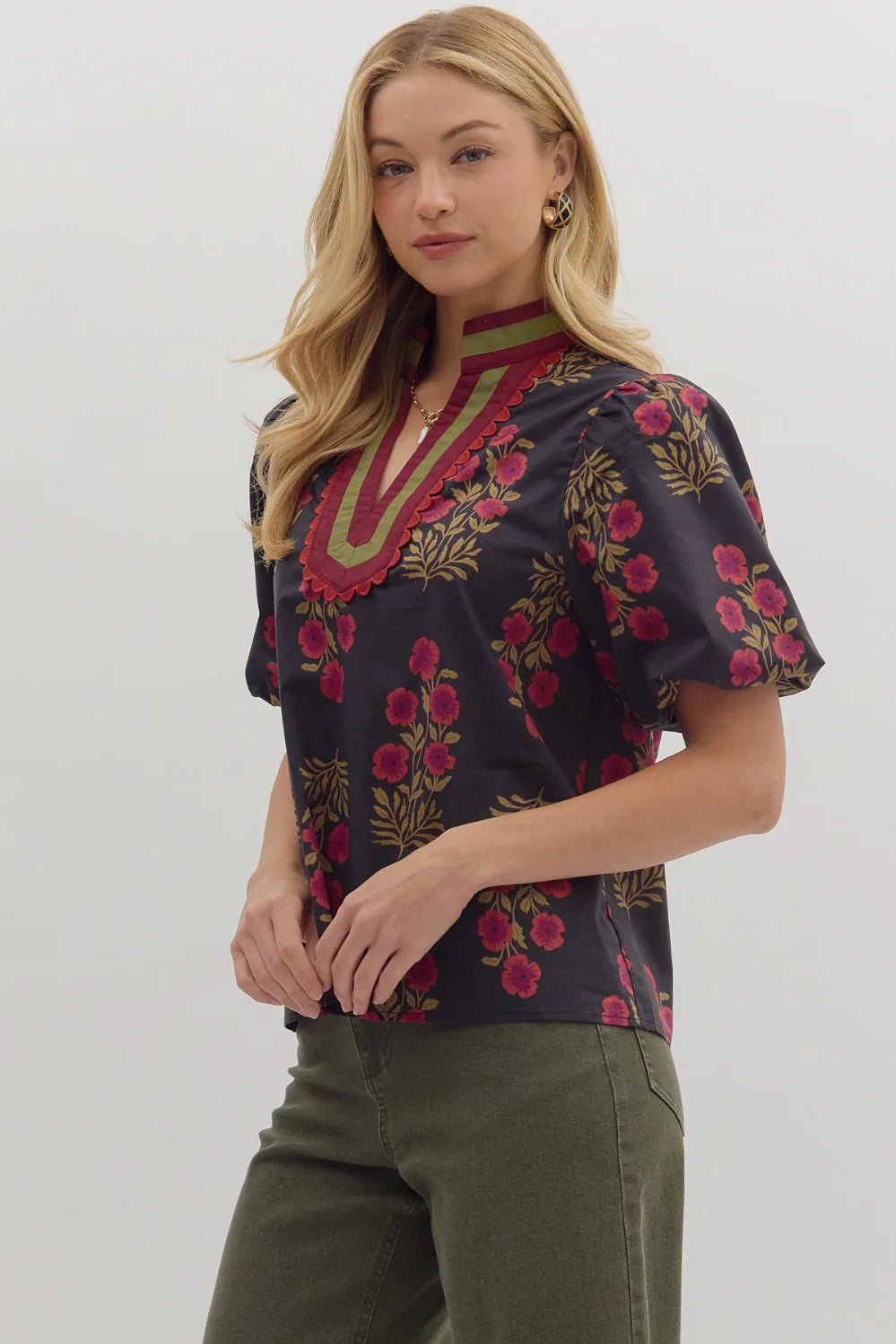 Floral Print Bubble Sleeve Top Entro