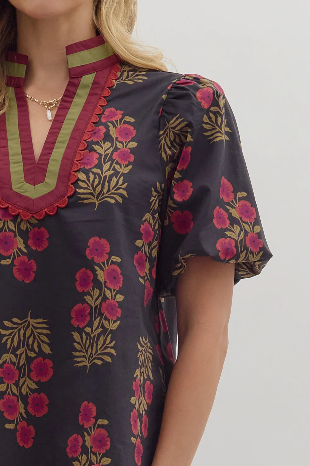 Floral Print Bubble Sleeve Top Entro