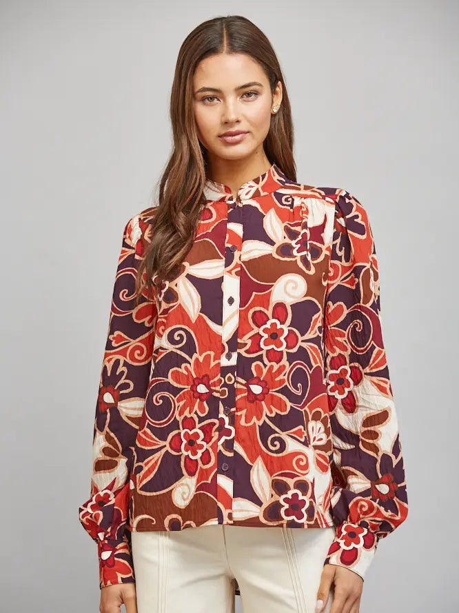 Large Scale Abstract Floral Print Stan-Up Collar Button Down Fate